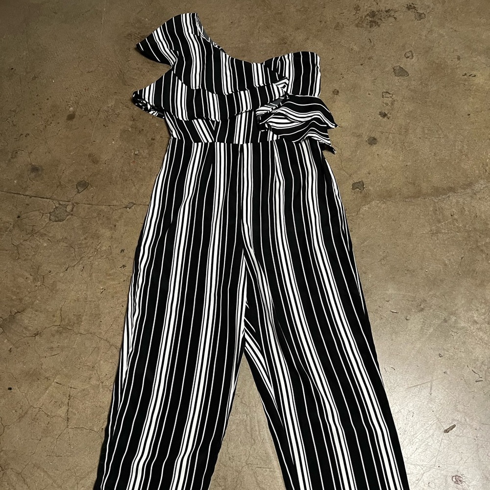 Shein Striped one shoulder jumpsuit with ruffled detail